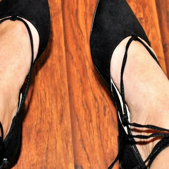 Black Suede Ballerina Flats - Long Ties! - Picture 7 of 7